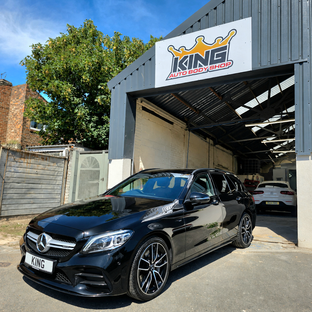Black Mercedes at the King Auto Body Shop workshop